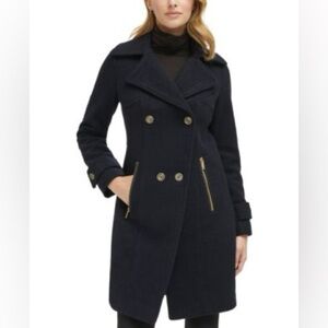 GUESS Black Wool Blend Double Breasted Cutaway Coat Women’s Medium